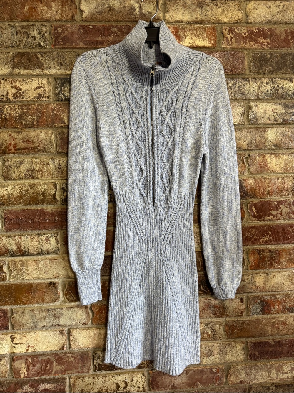 Free People Light Blue Cable-Knit Zip Mock Neck Sweater Dress
